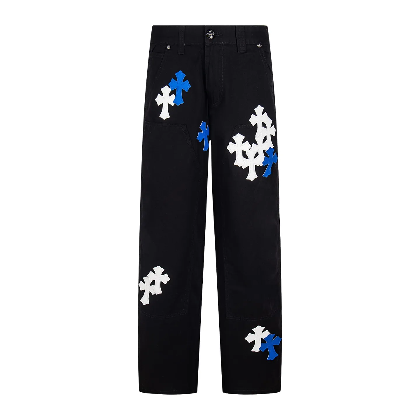 P260 Chrome Hearts Chrome Hearts black denim with white and blue multi-leather hot jeans. CH jeans need to be washed and then disassembled and hand-stitched with sheepskin cross leather and then spliced ​​to complete. The whole piece has too many craftsmanship to explain. The patchwork cross pattern is embellished, and the high-waisted washed jeans! ! Absolutely high-end luxury products, god-level single products, super popular products, made with top heavy industry, a magic weapon that cannot be missed. About Kroxin This is an extremely luxurious fashion brand, which can also be called the aristocrats of the high street. It has always been an exclusive brand for some hipsters or rich second generation. Compared with ordinary high streets, it is more luxurious and noble. Compared with luxury brands, it has a more fashionable personality and has always been a brand that I have a special liking for. Style number: 1765# Color: black Size: 28 30 32 34 36